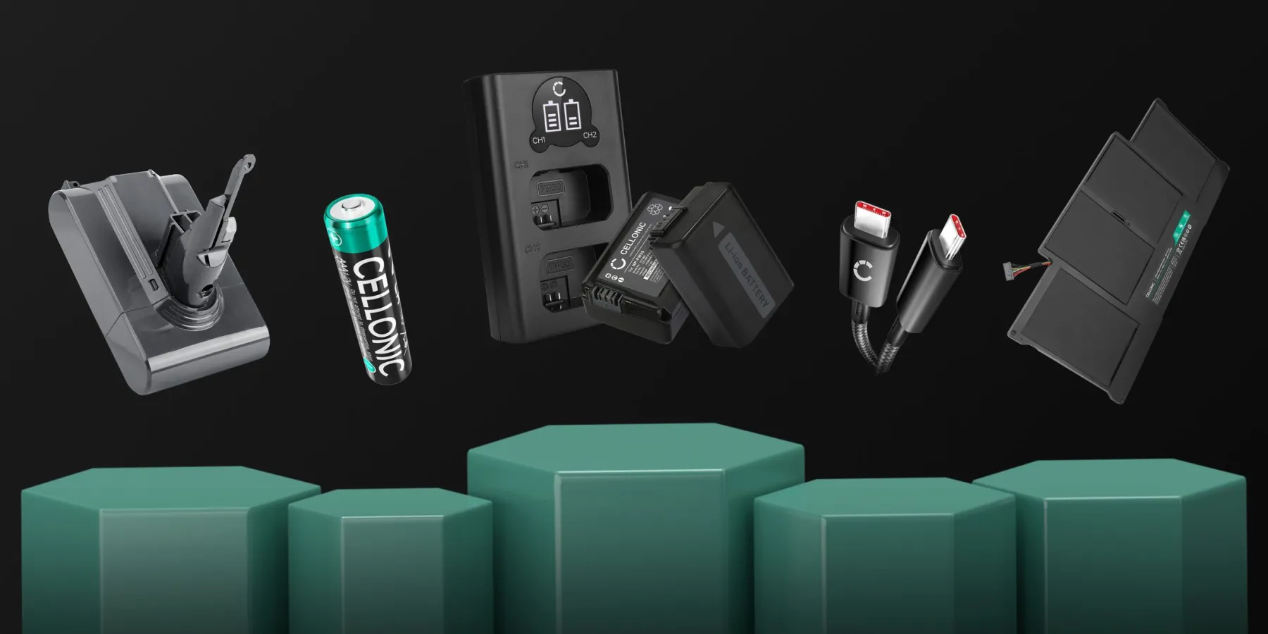 CELLONIC-Produktwelt: Staubsauger-Akku, Batterien, Ladestation, USB-C-Kabel und Laptop-Akku